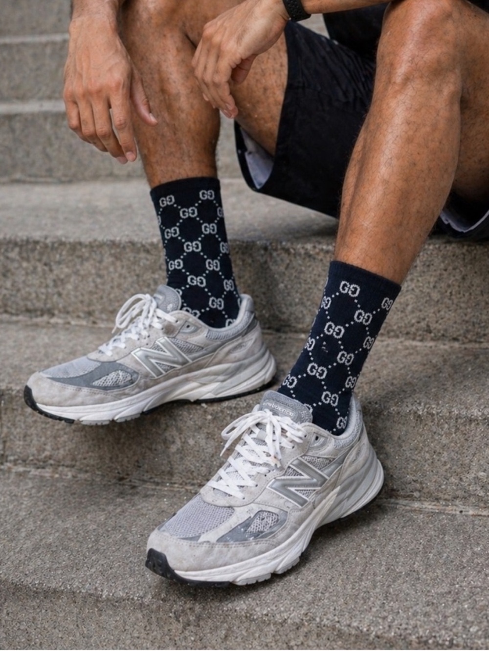 Gucci Black GG Logo Crew Socks with White Monogram